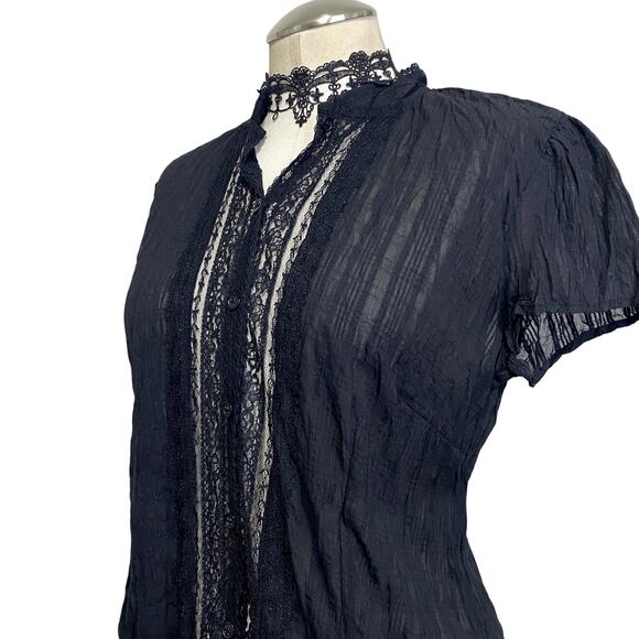 Gothic Vampire Victorian Button Down Lace Semi Sheer Blouse - Picture 5 of 12